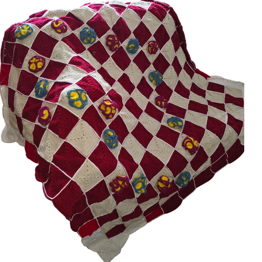 Vintage Handmade Crochet Afghan Blanket Red Cream Checkered 3D Floral Applique - Picture 1 of 4
